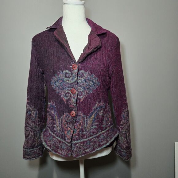Coldwater Creek Womens Purple Paisley Button Lightweight‎ Wool Jacket Sz 14 - Picture 1 of 10